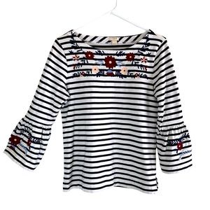 J Crew Womens Top S Embroidered Striped Flare Sleeves Cotton Black& White